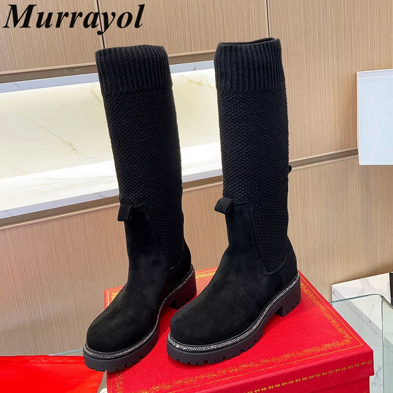 Sock Boot Women - รองเท้าบูทสูงถึงเข่า สำหรับฤดูใบไม้ร่วงและฤดูหนาว ทำจากหนังกลับ พื้นหนาแบบแบน รองเท้าบูททรงถุงเท้าสำหรับผู้หญิง หัวกลม