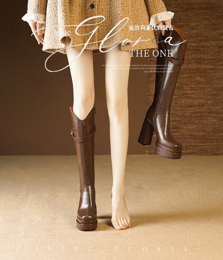Knee High Boots Women - รองเท้าบูทหนังนุ่มสำหรับผู้หญิง ฤดูใบไม้ร่วงและฤดูหนาว รองเท้าบูททรงวินเทจ ส้นหนา สไตล์ไบค์เกอร์